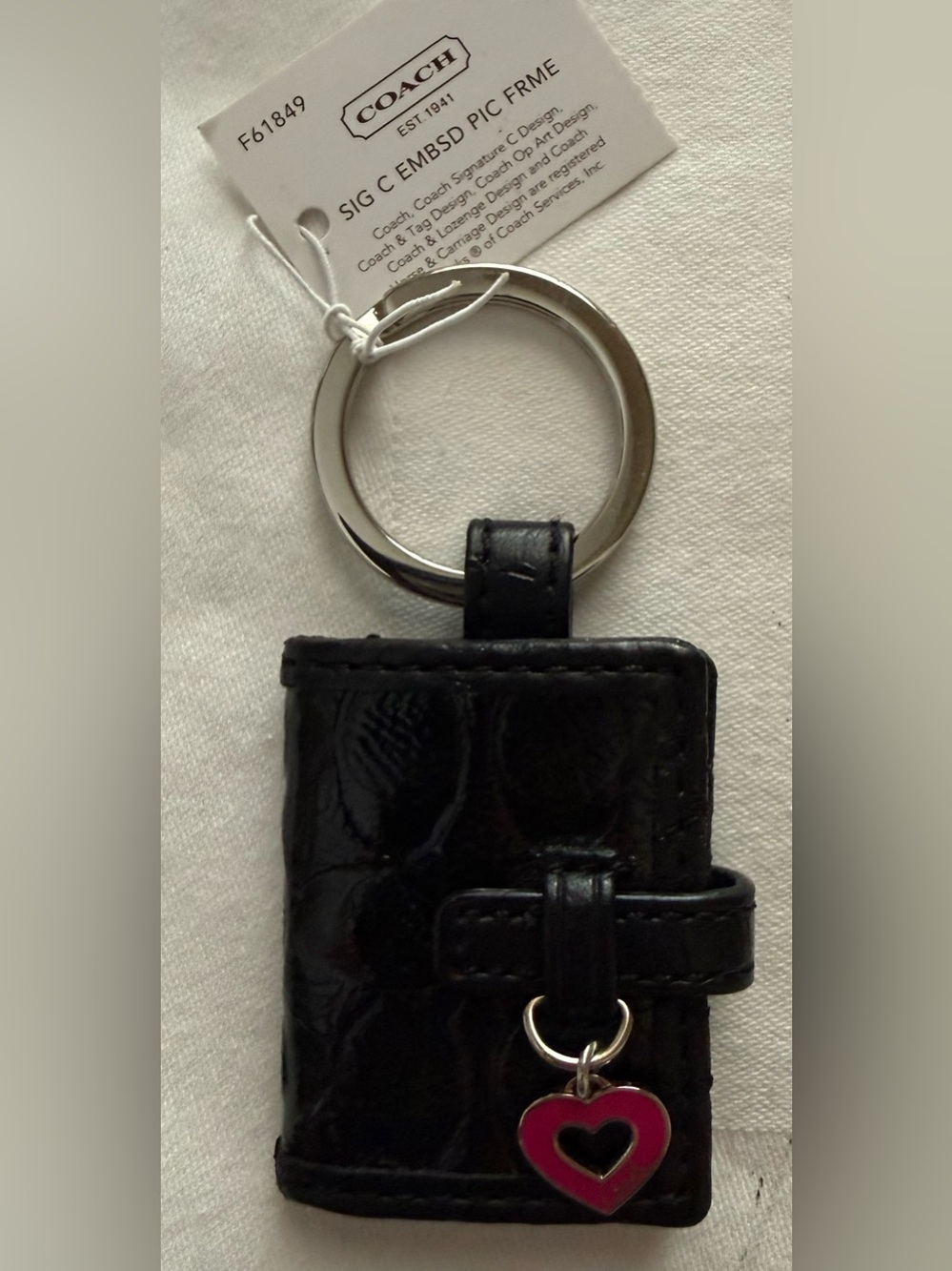 Vintage Coach Black Patent Mini Picture Frame Keyholder with Pink Heart Charm